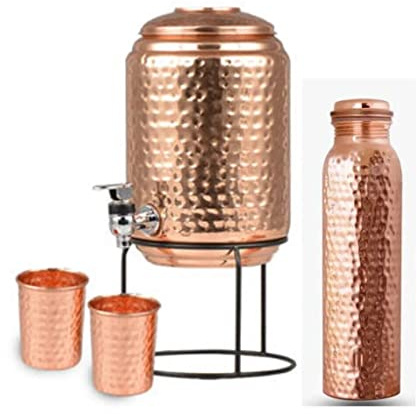 VG® 100% Pure Indian Copper Hand Hammered Finish 5 Litre Water Cooler with Stand together with 2 tumblers & 1 litre Leak proof bottle Discover Amazing Ayurvedic Health Benefits today Fill up overnight