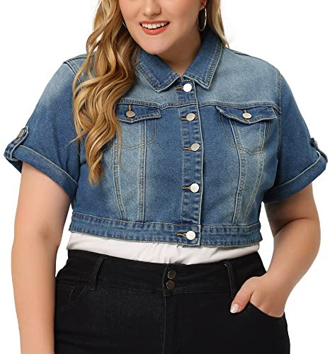 Agnes Orinda Plus Size Denim Jackets for Women Button Front Work Washed Rolled Sleeves Cropped Jean Jacket, Blue, 2X