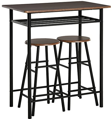 HOMCOM Ensemble Table Bar Design Industriel + 2 Tabourets MDF Imitation Noyer Métal Noir