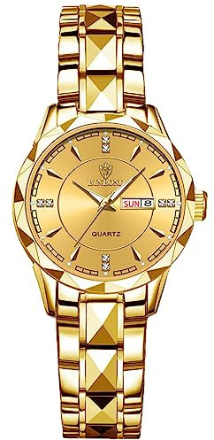 JewelryWe Damenuhr Edelstahl Uhren Damen - Gold Analog Quarz Armbanduhr mit Edelstahl Armband Leuchtend Zeiger Datum Woche Kalender 30m wasserdichte Uhr für Frauen Mädchen