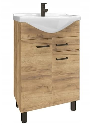 Domodomo Badezimmerschrank mit Waschbecken 85 x 55 x 42 cm Stehender Badezimmerschrank mit Schublade und Unterschrank, lackiert, Elegantes Set mit Keramikwaschbecken