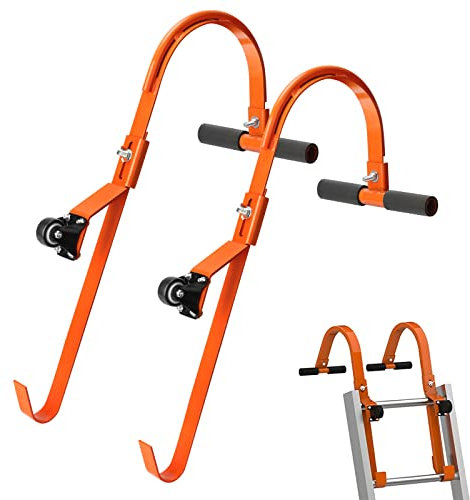 Arrtzan 2 Pack Roof Ladder Hooks with Wheel, Heavy Duty Steel Ladder Stabilizer Rubber Grip T-Bar for 375 lbs Weight Ratin