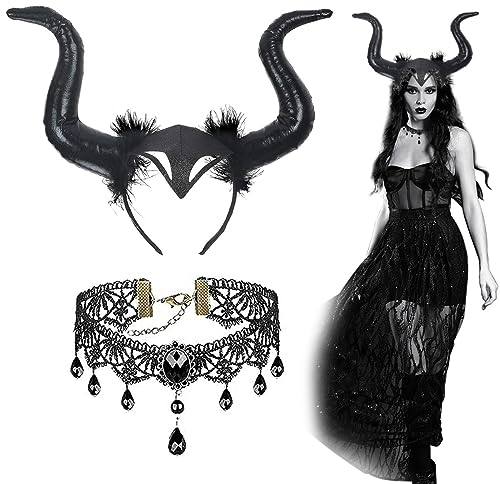LGZIN 2 Pcs Karneval Königin Hörner Kopfbedeckung, Königin Hörner Kopfschmuck, Hörner Schwarz Set, Halloween Böse Haarreif mit Gothic Spitze Halskette, Haarschmuck für Karneval Cosplay Halloween