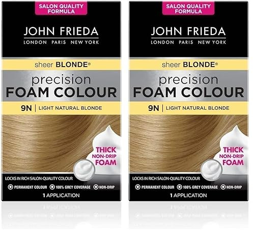 John Frieda Sheer Blonde Precision Foam Colour 9N Light Natural Blonde Hair Dye for Blonde Hair, Non-Drip Permanent Hair Colour, 100% Grey Coverage (Pack of 2)