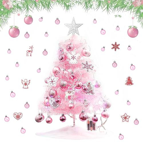 Mini Sapin de Noël Artificiel de 60 cm,Mini Sapin de Noël Rose floqué avec LED String Light, Cache Pied Sapin de Noel pour fête de Noël ou décoration d'intérieur