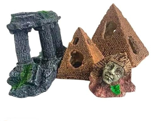 ARAWARA Aquairum Ägyptisches Dekor mit Pyramiden-Kopf, Sphinx-Figur, Säulen, Kunstharz, versunkenes antikes Erbe, Aquarium-Dekorationen, alte Ruinen, Miniatur, als Unterwasserlandschaft, 4 Stück