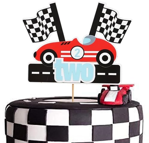 MADENG Two Fast Cake Topper - Two Fast Birthday Party Decorations, Vintage Race Car Theme Party Decor, Boys Girls 2nd Birthday Cake Topper, Two Fast Race Track Checkered Flag Cake Decoration