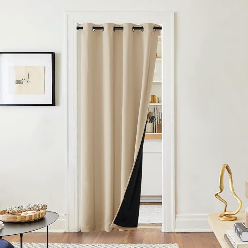 PONY DANCE Doppellagiger und Dicker Vorhang gegen Hitze für Tür Gardine mit Ösen 1 Stück H 220 x B 140 cm Lichtundurchlässige Vorhänge Thermo Wärmeisolierend Verdunklungsgardine, Biscotti Beige