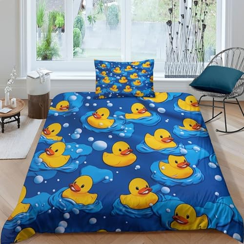 HOTGE Ente Bettwäsche Single(135x200cm) 3D Motiv Zeichentrickfilm Blau Bettbezug Set Blätter Kinder Microfaser Bettbezüge Und Kissenbezüge Mit Reißverschluss