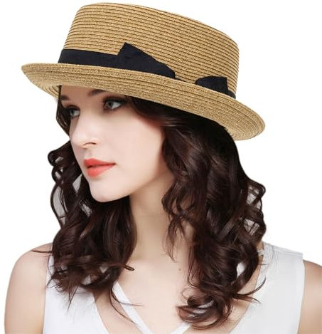 Sombrero clásico de paja de pastel de cerdo para mujeres y hombres, sombrero de paja con ala enrollada, sombrero de playa con lazo, Caqui-Style1, Talla única