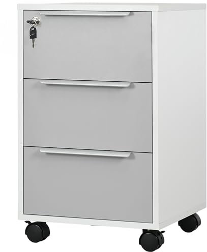 HOMCOM Caisson bureau mobile avec 3 tiroirs et serrure, meuble rangement bureau sur roulettes pour documents et imprimante, caisson de rangement compact pour travail ou chambre, 40x40x63,5cm, gris