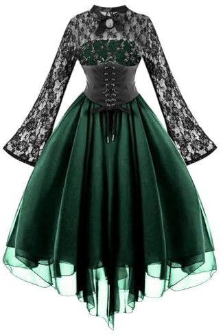 Nuovo Vestito da Donna in Chiffon con Maniche a Campana e Maniche Lunghe con giunture in Pizzo-Verde Scuro-XXL