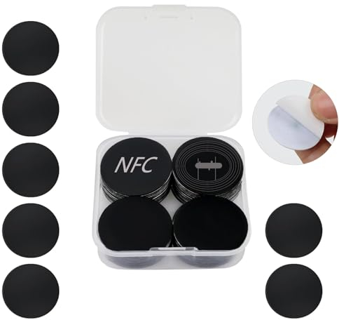 NFC Tags 50 Stück mit Kleberückseite Kompatibel mit TagMo und Amiibo, 25 mm schwarz, Wiederbeschreibbar NTAG 215 NFC Karten mit Kleberückseite, Telefon mit NFC-Fähigkeit
