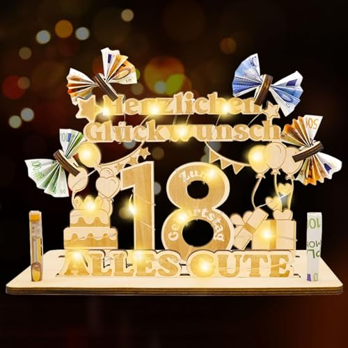 Idota 18th Birthday Gift Women & Men - Money Gifts Birthday, Wooden Sign Guest Book 18th Birthday Decoration Gifts with LED Fairy Lights, Personalised Gift, 18th Birthday Girl