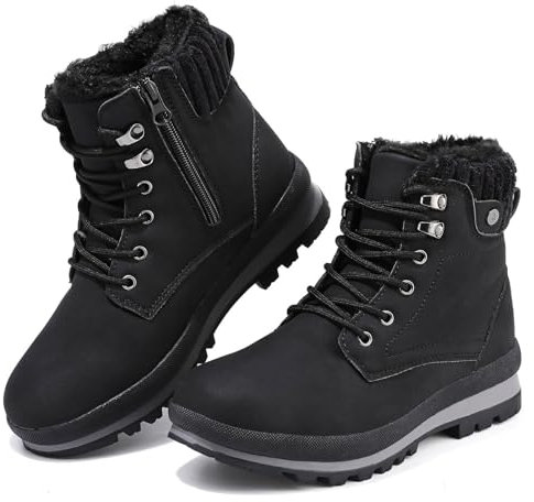 Women's Winter Snow Boots Ankle Waterproof Fur Lined Leather Walking Boots Lace Up Zipper Lightweight Outdoor Ladies Warm Shoes Non Slip Mid Calf Boots Black