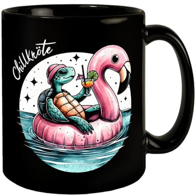 Schildkröte auf Flamingo-Schwimmring Tasse in Schwarz mit Spruch Chillkröte Perfekt für Sommer Schildkröte auf Flamingo-Schwimmring mit Wasser Meer und Cocktail