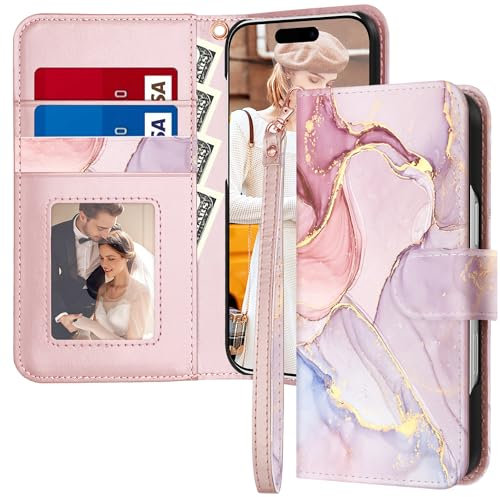 Fingic for iPhone 16 Pro Case, Compatible with iPhone 16 Pro Wallet Case with 3 Card Slots Marble Magnetic Closure Kickstand Shockproof Protective Flip Phone Case for iPhone 16 Pro Cover, Rose Gold