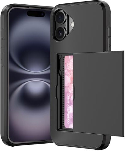 ACOCOBUY Compatible with iPhone 16 Plus Case with Card Holder Shockproof Protective Dual Layer Hidden Credit Card Slot Heavy Duty Wallet Phone Cover Armor Back Shell 6.7 inch for Men Women Black