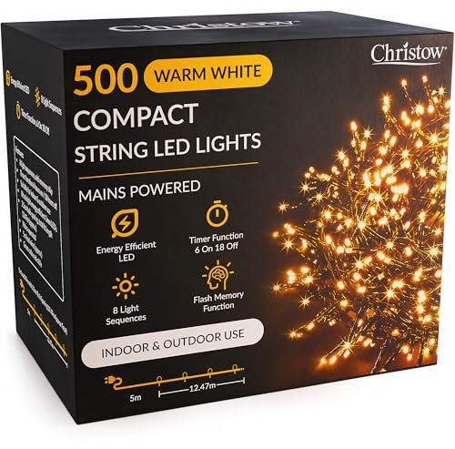 CHRISTOW 5ft Christmas Tree Lights, 500 Warm White LED Fairy Lights with Timer, 8 Light Modes, Energy Efficient 3mm LEDs, Indoor & Outdoor, Mains Powered, Green Cable (12.47m Lit Length)