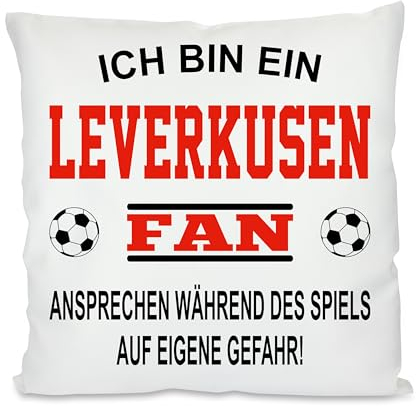 Fussball Kissen | Ich bin ein Leverkusen Fan - Ansprechen während des Spiels auf eigene Gefahr | Dekokissen für Fußballfans | Hülle und Füllung | 40cm x 40cm | versteckter Reisverschluss