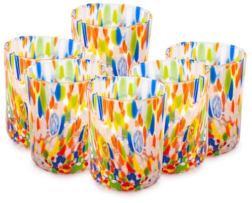 MurArt Lot de 6 verres de Murano - 300 ml - Collection Tour en Verre soufflé à la main Fabriqué en Italie (Multicolore, Verre 6)