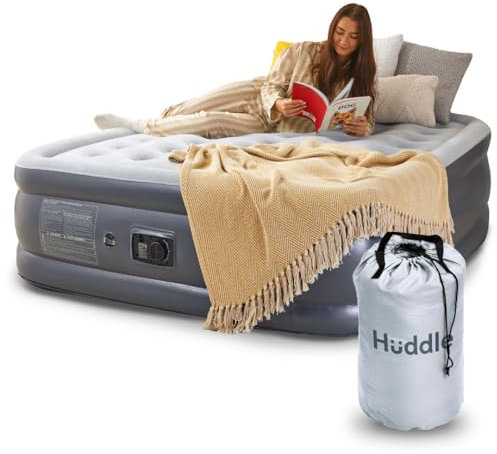 Huddle® Lite Inflatable Air Bed with Built-In Pump – Inflatable Mattress, Comfortable Flocked Top, Raised Height – Blow up bed for Camping, Guests, and Spare Rooms (Single/Double/King)