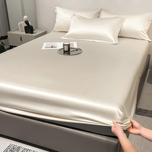 ANAZOZ Bettlaken 180x200cm, Spannbetttücher Boxspringbett Lyocell Einfarbig Beige Satin-Optik, Bettwäsche mit Gummizug