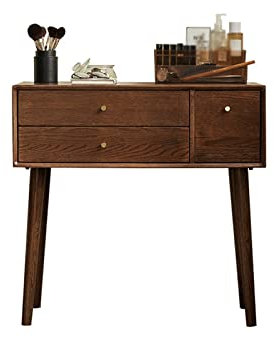 Schminktisch Kosmetiktisch Vintage Walnuss-Make-up-Waschtisch, einfacher Schminktisch, Schlafzimmer-Schminktisch, kleiner Schminktisch, Schreibtisch, Make-up-Hocker-Set aus Holz mit Schublade Kommode