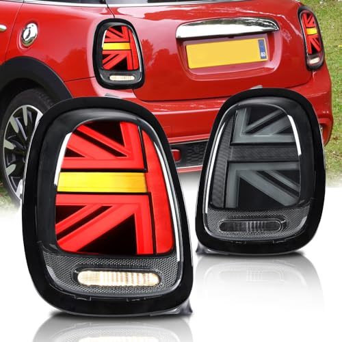 VLAND Rückleuchten Kompatibel mit Mini Cooper F55 F56 F57 2014-2021 Union Jack Rückleuchten mit dynamischem Signal, ohne Nebel Scheinwerfer-Komplettsets mit E-Prüfzeichen (schwarz-geräuchert)