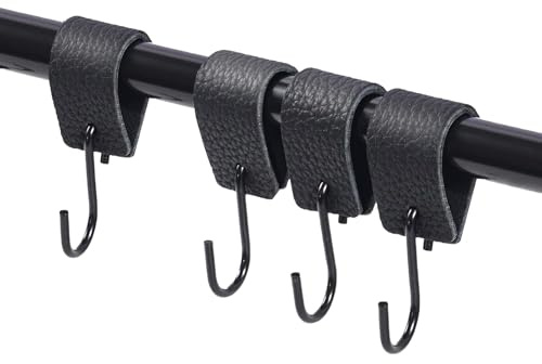 WLICCHS 4 STK S Haken Schwarz mit Lederschlaufe, Hangers Kleiderhaken mit Lederschlaufe, Kleiderstangenhaken, Kleidergriffhaken, Kinderwagenhaken, S Metallhaken Schwarz für Kleiderstange Badezimmer