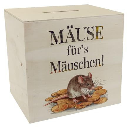 MÄUSE für's Mäuschen Spardose aus Holz Maus auf Münzen lustige Sparbüchse für jung und alt