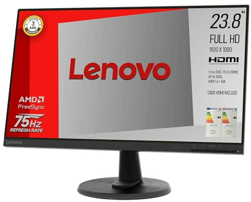 Lenovo Monitor - Display 23,8 pollici FullHD (1920 x 1080, VA, Bordi Ultrasottili, AMD FreeSync, 75Hz, Cavo HDMI INCLUSO, Input HDMI + VGA), Led Backlight, Garanzia 3 anni