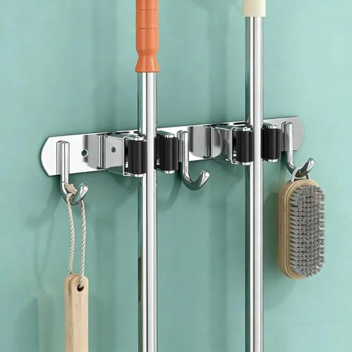 SRJQXH Porte Balai, Rangement Balai avec 2 Supports et 3 Crochets, Support Balais Mural pour Installation Par Perçage et Collage, Convient pour Balcon, Garage, Jardin