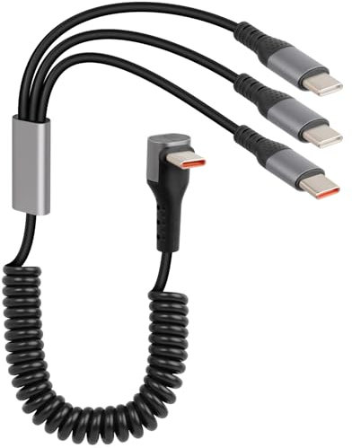 GELRHONR 3 en 1 Cable USB C a USB C en espiral de 4,9 pies, cable de carga rápida Splitte tipo C en ángulo recto, cable de carga múltiple retráctil de 66 W / 5 Gbps para banco de energía del automóvil