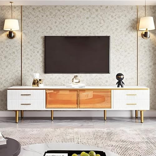 LANTRO JS TV Cabinet mit LED, TV Schrank mit Goldenen Griffen und Zwei Braune Glas Türen, Modernes TV Lowboard für Wohnzimmer, 170x37x47.5cm, Weiß