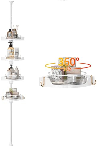 akinbas Shower Caddy Tension Pole with 4 L-Lazy Susan Organizer 360 Rotating 35-128 Inch No Drilling Floor Standing Shelves Adjustable Shower Rack for Bathroom Corner (White)