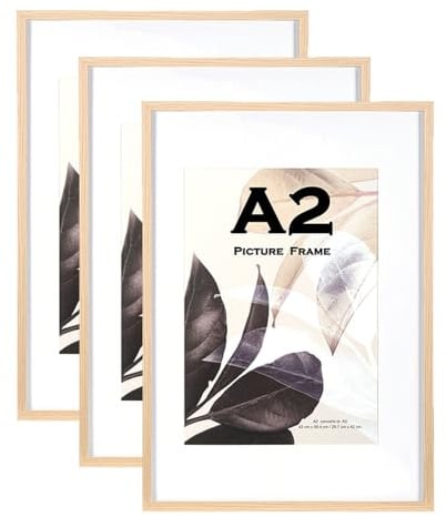 Natural Wooden Picture Frame A2(42x59.4cm) with Mat,Set of 3, Mount for A3 Picture or Certificate,Wall Mountable