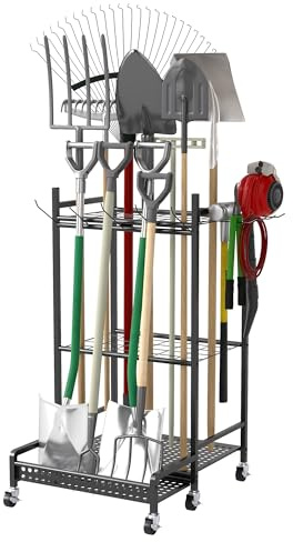 uyoyous Organiseur d'outils de jardin range outils de garage avec crochets | étagère à outils de jardin pour organisation et stockage abri extérieur des râteaux, des pelles et des balais