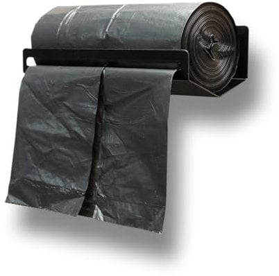 MegaMaxx UK Wall Mounted Bin Bag Holder – Black Steel Roll Dispenser for Easy Tear-Off Access – Heavy Duty Wall Fixing for Kitchens, Garages or Workshops – UK Made
