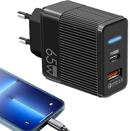 Ladegerät USB C 65 W – Schnellladegerät kompakt PD für Telefon, USB C 65 W, QC3.0 LED Ladeblock für Reise-Laptop für Handys, Tablets usw.