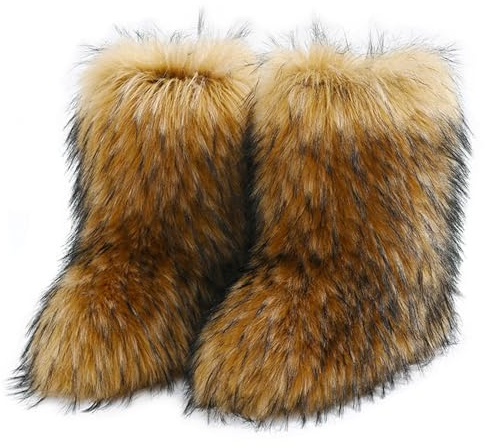 Galindopia Femmes Linda Fluffy Bottes Chaud L'hiver Bottes de Neige with Faux Raccoon Fourrure Chaussures Custome Festival Chaussures Fourrurery Feet Paws Rave Fuzzy Leg Chauder Outdoor Brown Size 39