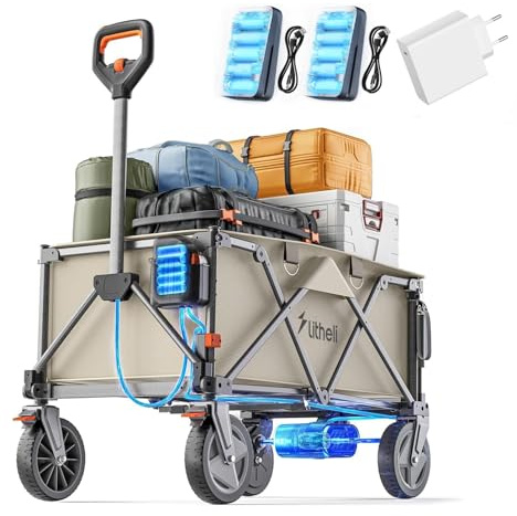 Litheli Carrello elettrico pieghevole, con pneumatici da 20 cm, capacità 200 l, portata 60 kg, 2 freni, adatto per campeggio, giardino, spiaggia, shopping beige (2 batterie + caricatore)