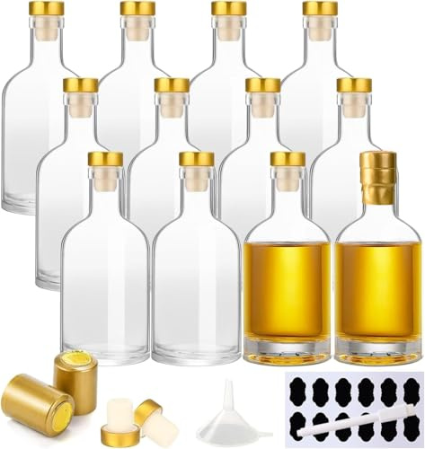 YBCPACK Lot de 12 Bouteilles en Verre 100 ml avec Bouchons et Capsules Thermorétractables – Kit Complet pour Spiritueux Maison, Jus, Huiles Aromatisées et Cadeaux DIY