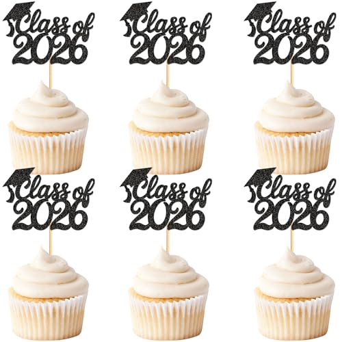 Cyodoos 24 Pcs 2026 Graduation Cupcake Toppers, Class of 2026 Cake Decorations with Mortar Board Picks for College University High School Grad Party（Black）