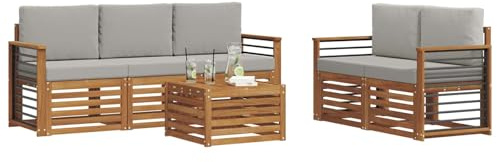 vidaXL Sofagarnituren 6 pcs Natürlich und Hellgrau Massivholz Akazie, Moderne Gartenmöbel, strapazierfähiges Outdoor-Sofa, Lounge-Set für die Terrasse, bequemes Sitzen draußen