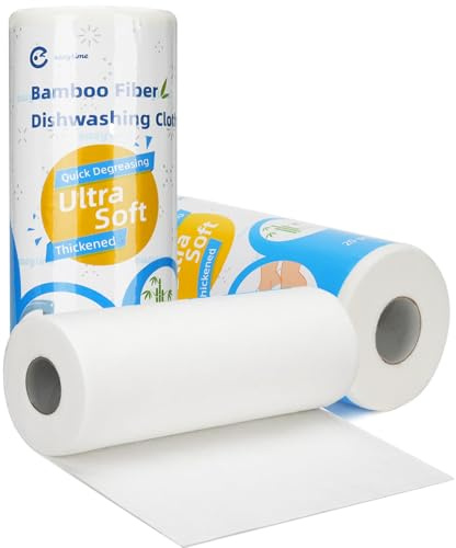 Bamboo Paper Towels 2 Rolls 40 Sheets, Reusable Bamboo Fibre Cleaning Cloths, Thick and Ultra Soft Washable Dishcloths for Wet and Dry Use, Multi Purpose Kitchen and Household Cleaning Towels