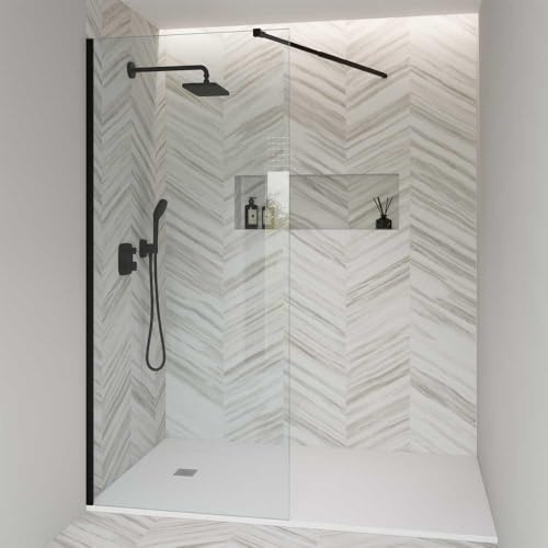 Gresinex - Mampara de Ducha Fija de Cristal Transparente – Altura 200 cm- Panel con Brazo Soporte, Vidrio Templado, Antical, Fácil Instalación – Reversible (Negro, 80 cm)