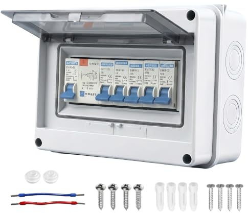 5 Way Consumer Unit Circuit Breaker - IP65 Waterproof Garage Consumer Unit Anti-Leakage Fuse Box for CaravanWorkshopOutbuilding, Distribution Protection Box, 63A 30mA RCD 6A + 6A + 10A + 20A + 32A