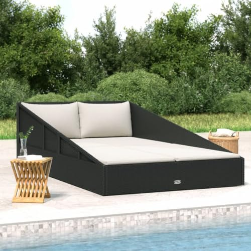 Plumbpyr Cama de jardín negra de 110 x 200 cm, polirratán, con 4 cojines y 2 almohadas, resistente a la intemperie, superficie de descanso cómoda, ideal para terraza, balcón, jardín y piscina