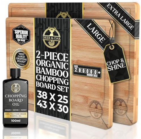 Deer & Oak Bamboo Chopping Board Set & Oil Bundle, Large & XL | 38 x 25cm & 43 x 30cm · Supplied Pre-oiled · 100ml Food Grade Wood Treatment · for Butcher's Block and Kitchen Use